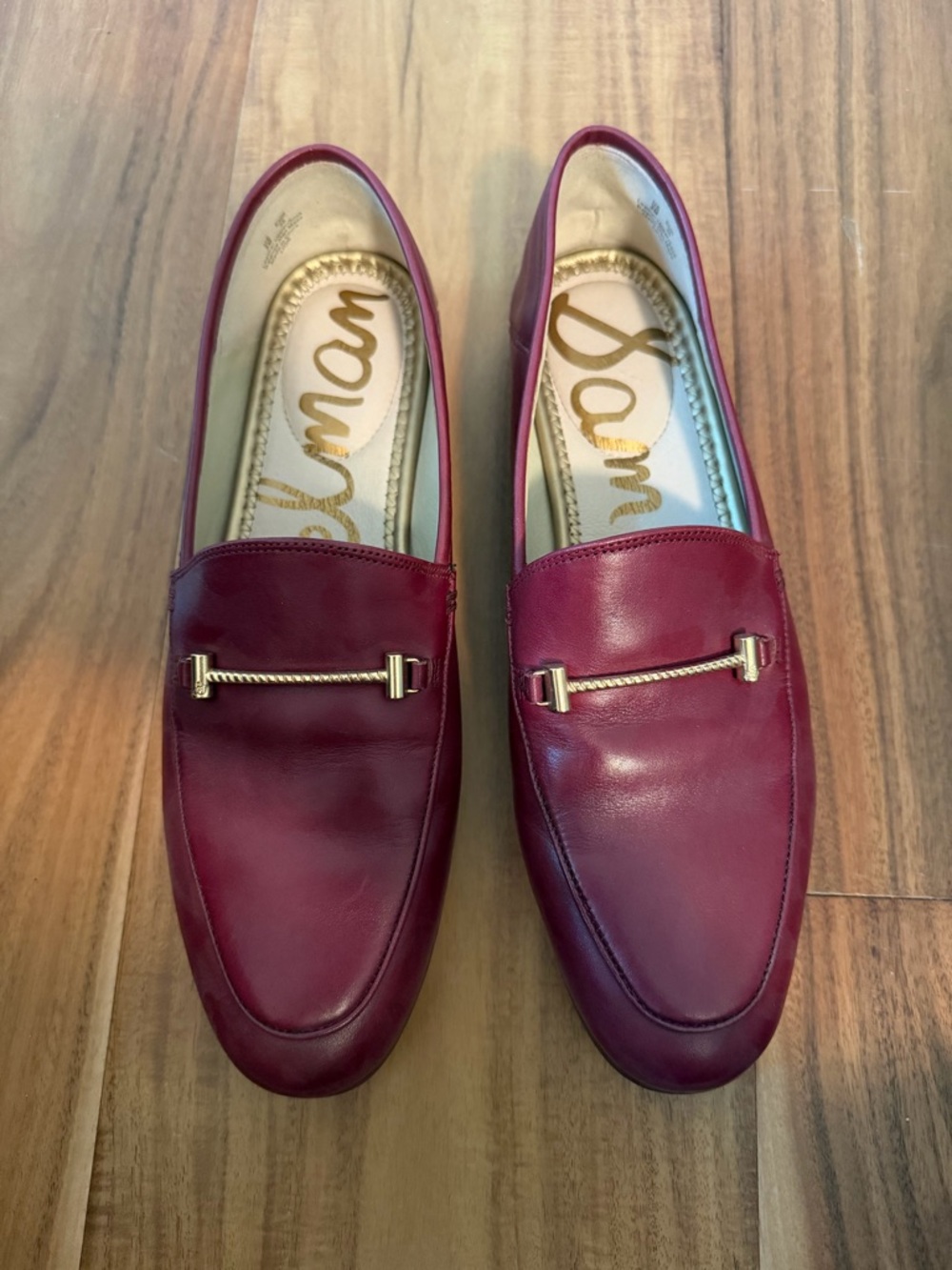 Sam Edelman Women's Wine Leather Loafers with Gold Bar